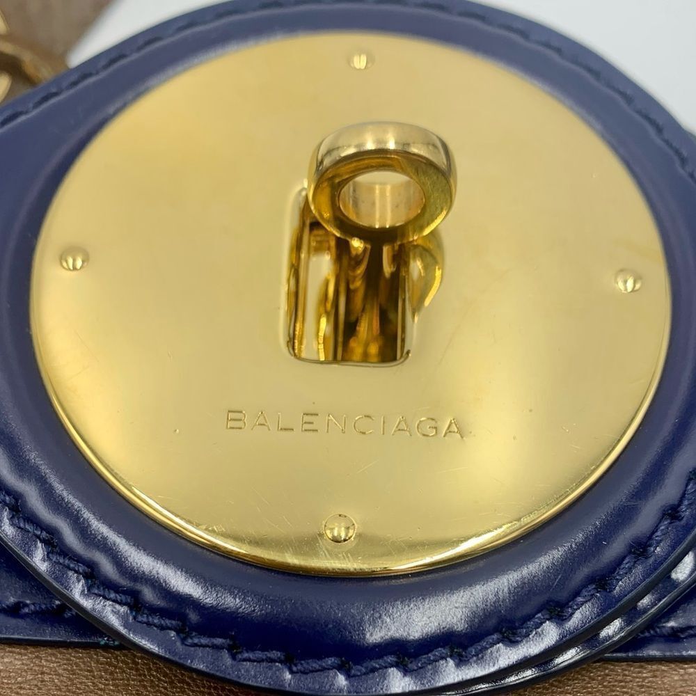 Auth Balenciaga Smooth Brown Leather Navy Patent Top Handle Moon Bag Preloved - Picture 2 of 14